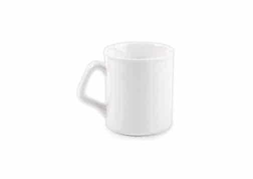 Baltas puodelis su lenkta rankenėle