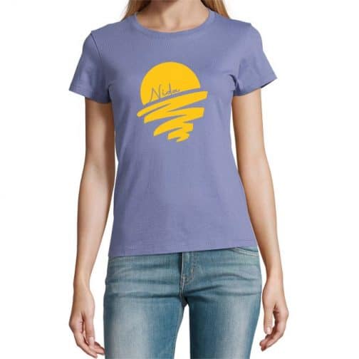 Marškinėliai atostogoms moteriški pastelinės mėlynos spalvos Nida saulė